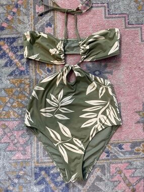 Roxy Olive Green Leaf Halter One-Piece Swimsuit
